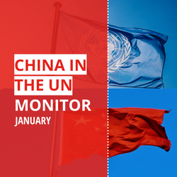 On the left, the inscription "China at the UN Monitor January" on a red background, on the right, the flags of the UN and China flutter